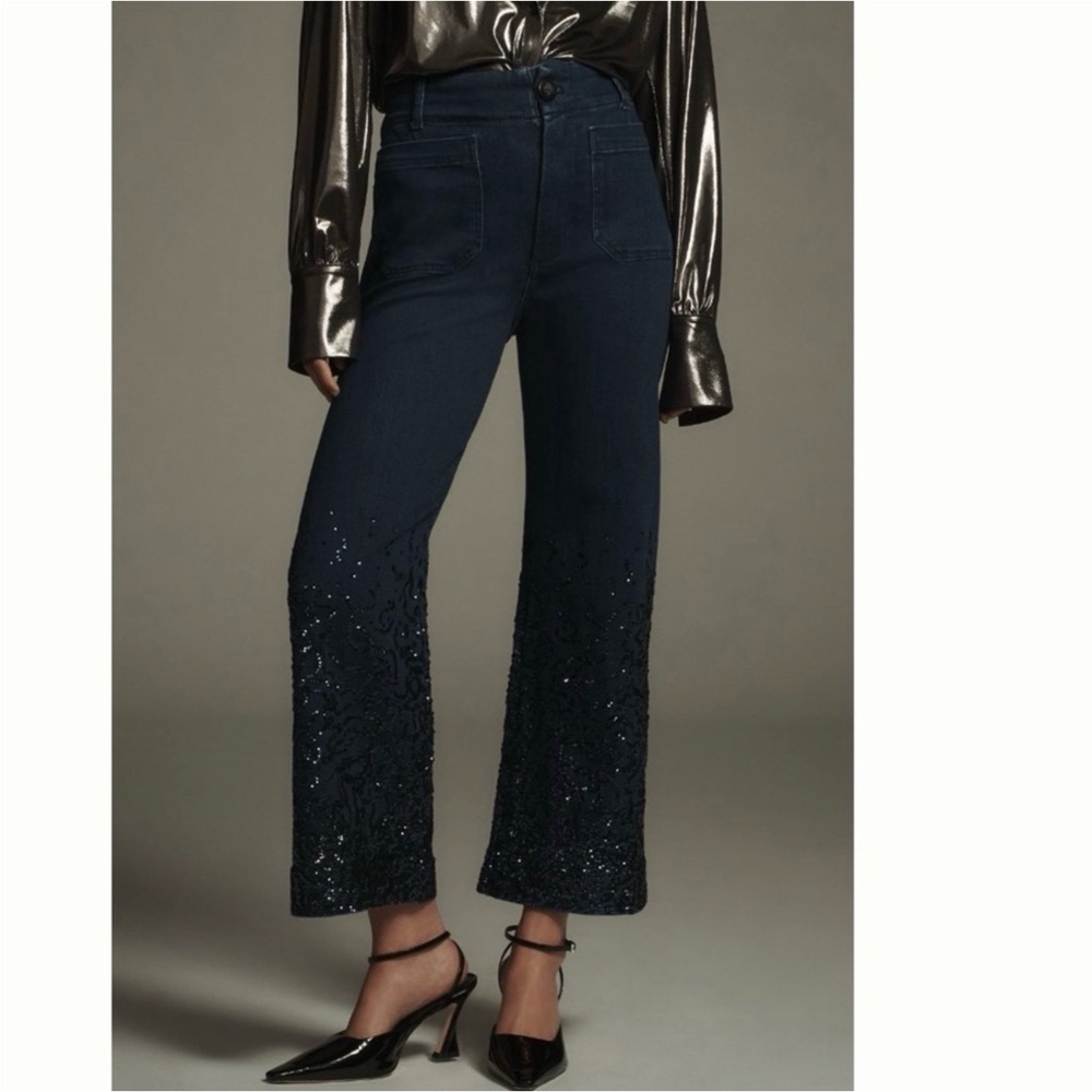 NWT Anthro Maeve The Colette High Waist Wide Leg Cropped Jeans Sequin Sparkle 29